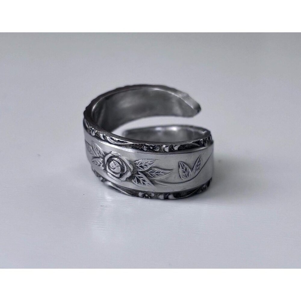 Handmade Rose Spoon Ring - Size 9.5 Floral Silverware Wrap Band Silver